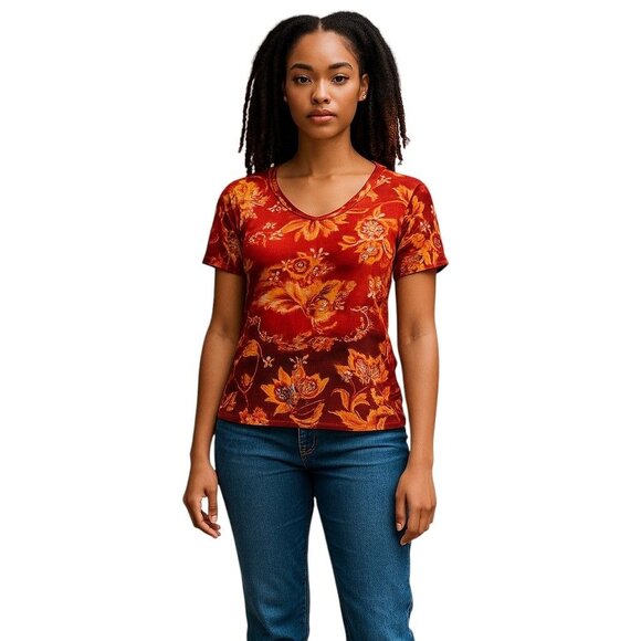 Pierre Cardin Red Floral Beaded Sequin Top Boho Y2K Vintage Festival Large - Picture 4 of 9